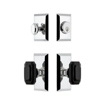 Grandeur Fifth Avenue Short Plate Complete Entry Set With Single Cylinder Deadbolot And Baguette Black Crysta In Bright Chrome