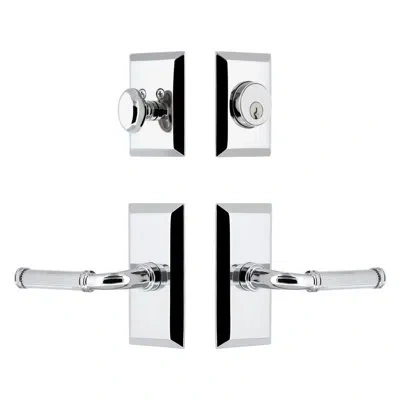 Grandeur Fifth Avenue Short Plate Complete Entry Set With Single Cylinder Deadbolt And Soleil Lever In Bright Chrome