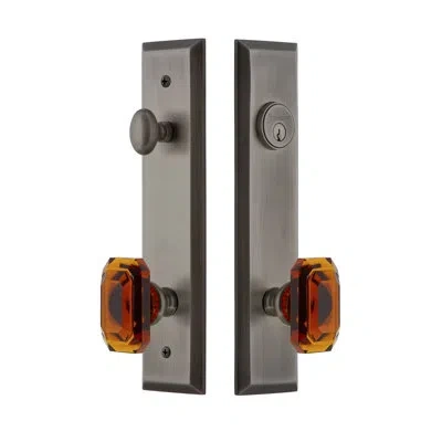 Grandeur Fifth Avenue Tall Plate Complete Entry Set With Single Cylinder Deadbolot And Baguette Amber Knob In Antique Pewter
