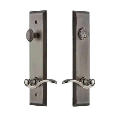 Grandeur Fifth Avenue Tall Plate Complete Entry Set With Single Cylinder Deadbolot And Bellagio Lever In Antique Pewter