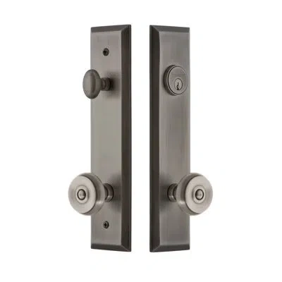 Grandeur Fifth Avenue Tall Plate Complete Entry Set With Single Cylinder Deadbolot And Bouton Knob In Antique Pewter