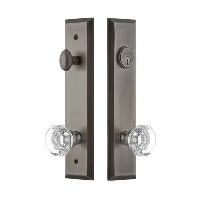 Grandeur Fifth Avenue Tall Plate Complete Entry Set With Single Cylinder Deadbolot And Chambord Crystal Knob In Antique Pewter