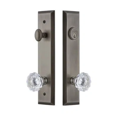 Grandeur Fifth Avenue Tall Plate Complete Entry Set With Single Cylinder Deadbolot And Fontainebleau Knob In Antique Pewter