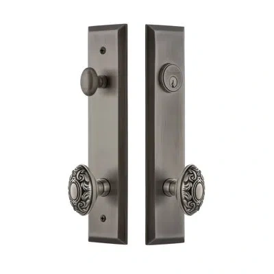 Grandeur Fifth Avenue Tall Plate Complete Entry Set With Single Cylinder Deadbolot And Grande Victorian Knob In Antique Pewter