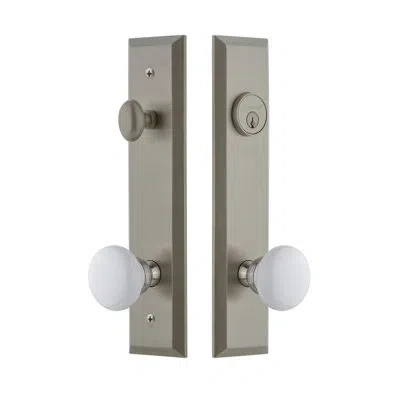 Grandeur Fifth Avenue Tall Plate Complete Entry Set With Single Cylinder Deadbolot And Hyde Park Knob In Satin Nickel