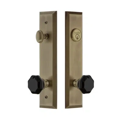 Grandeur Fifth Avenue Tall Plate Complete Entry Set With Single Cylinder Deadbolot And Lyon Knob In Vintage Brass