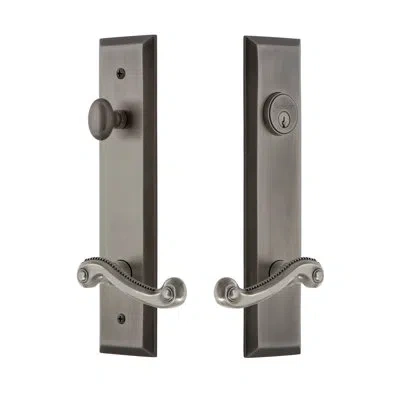 Grandeur Fifth Avenue Tall Plate Complete Entry Set With Single Cylinder Deadbolot And Newport Lever In Antique Pewter