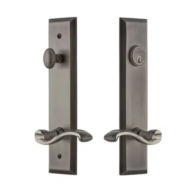 Grandeur Fifth Avenue Tall Plate Complete Entry Set With Single Cylinder Deadbolot And Portofino Lever In Antique Pewter