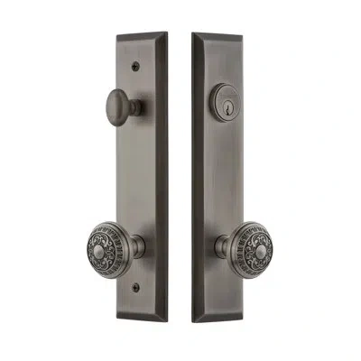 Grandeur Fifth Avenue Tall Plate Complete Entry Set With Single Cylinder Deadbolot And Windsor Knob In Antique Pewter