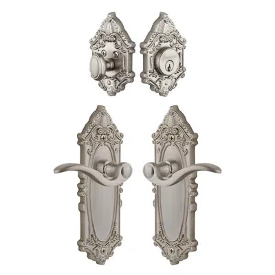Grandeur Grande Victorian Long Plate Complete Entry Set With Single Cylinder Deadbolot And Bellagio Lever In Satin Nickel