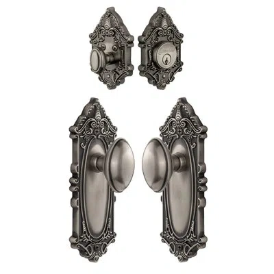 Grandeur Grande Victorian Long Plate Complete Entry Set With Single Cylinder Deadbolot And Eden Prairie Knob In Antique Pewter
