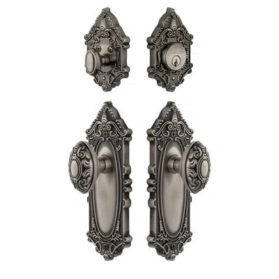 Grandeur Grande Victorian Long Plate Complete Entry Set With Single Cylinder Deadbolot And Grande Victorian K In Antique Pewter
