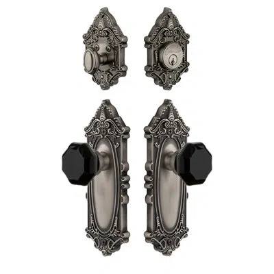 Grandeur Grande Victorian Long Plate Complete Entry Set With Single Cylinder Deadbolot And Lyon Knob In Antique Pewter