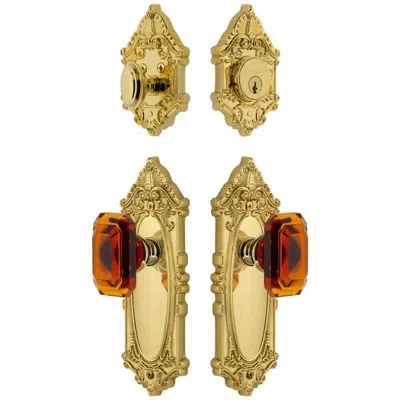 Grandeur Grande Victorian Long Plate Entry Set With Baguette Amber Crystal Knob In Lifetime Brass In Gold