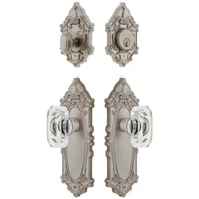 Grandeur Grande Victorian Long Plate Entry Set With Baguette Clear Crystal Knob In Satin Nickel In Silver