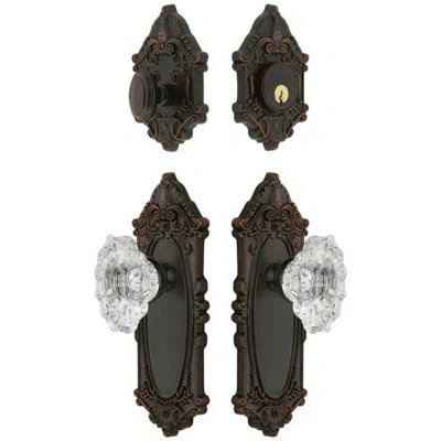 Grandeur Grande Victorian Long Plate Entry Set With Biarritz Crystal Knob In Timeless Bronze In Black