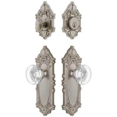 Grandeur Grande Victorian Long Plate Entry Set With Bordeaux Crystal Knob In Satin Nickel In Brown