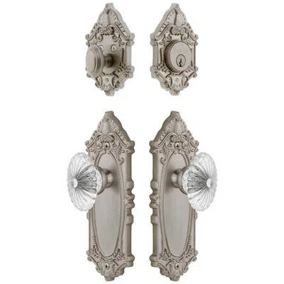 Grandeur Grande Victorian Long Plate Entry Set With Burgundy Crystal Knob In Satin Nickel In Gold