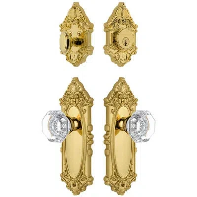 Grandeur Grande Victorian Long Plate Entry Set With Chambord Crystal Knob In Lifetime Brass In Gold