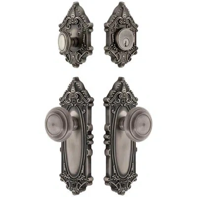 Grandeur Grande Victorian Long Plate Entry Set With Circulaire Knob In Antique Pewter In Silver