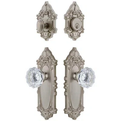 Grandeur Grande Victorian Long Plate Entry Set With Fontainebleau Crystal Knob In Satin Nickel In Brown