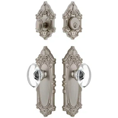 Grandeur Grande Victorian Long Plate Entry Set With Provence Crystal Knob In Satin Nickel In Silver