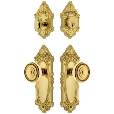 Grandeur Grande Victorian Long Plate Entry Set With Soleil Knob In Lifetime Brass In Gold