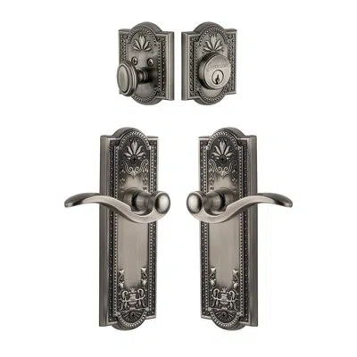 Grandeur Parthenon Long Plate Complete Entry Set With Single Cylinder Deadbolot And Bellagio Lever In Antique Pewter