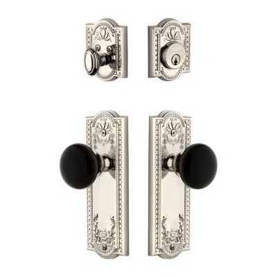 Grandeur Parthenon Long Plate Complete Entry Set With Single Cylinder Deadbolot And Coventry Knob In Polished Nickel
