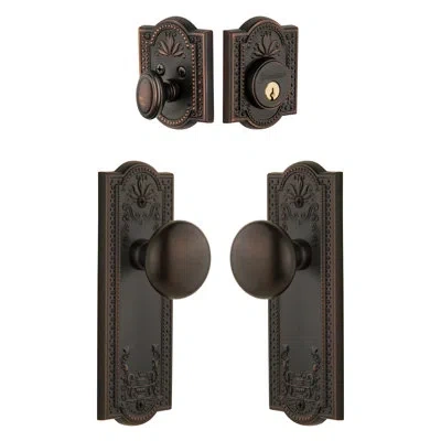 Grandeur Parthenon Long Plate Complete Entry Set With Single Cylinder Deadbolot And Fifth Avenue Knob In Timeless Bronze