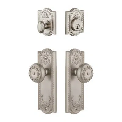 Grandeur Parthenon Long Plate Complete Entry Set With Single Cylinder Deadbolot And Parthenon Knob In Satin Nickel