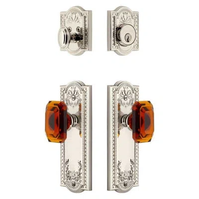 Grandeur Parthenon Long Plate Entry Set With Baguette Amber Crystal Knob In Polished Nickel In Silver