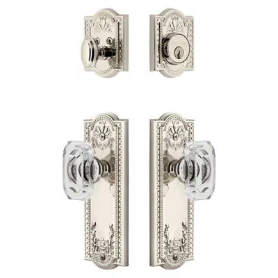 Grandeur Parthenon Long Plate Entry Set With Baguette Clear Crystal Knob In Polished Nickel In Silver