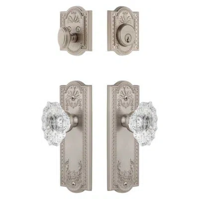 Grandeur Parthenon Long Plate Entry Set With Biarritz Crystal Knob In Satin Nickel In Brown