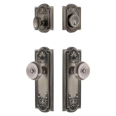 Grandeur Parthenon Long Plate Entry Set With Bouton Knob In Antique Pewter In Gray