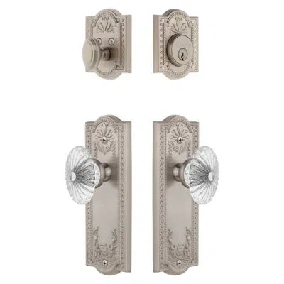 Grandeur Parthenon Long Plate Entry Set With Burgundy Crystal Knob In Satin Nickel In Brown