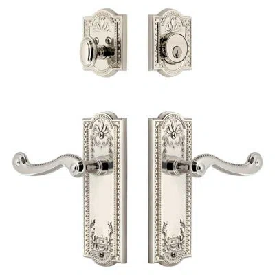 Grandeur Parthenon Long Plate Entry Set With Newport Lever In Polished Nickel In Silver