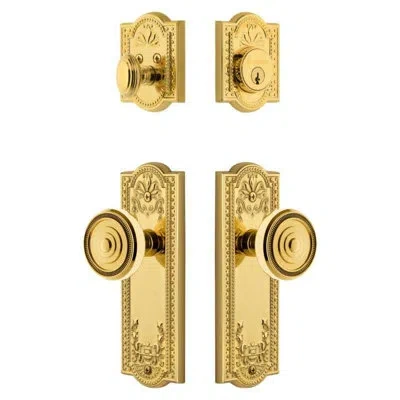 Grandeur Parthenon Long Plate Entry Set With Soleil Knob In Lifetime Brass In Gold