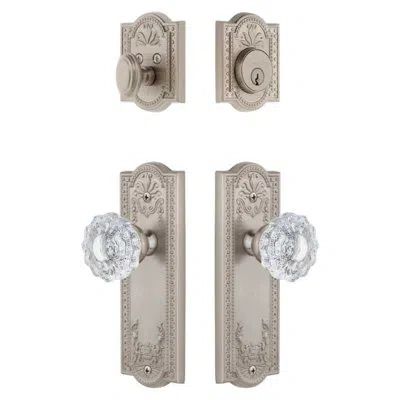 Grandeur Parthenon Long Plate Entry Set With Versailles Crystal Knob In Satin Nickel In Silver