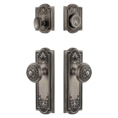 Grandeur Parthenon Long Plate Entry Set With Windsor Knob In Antique Pewter In Brown