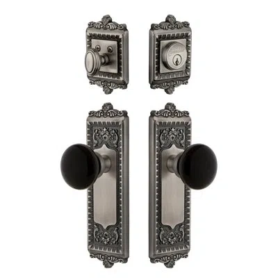 Grandeur Windsor Long Plate Complete Entry Set With Single Cylinder Deadbolot And Coventry Knob In Antique Pewter