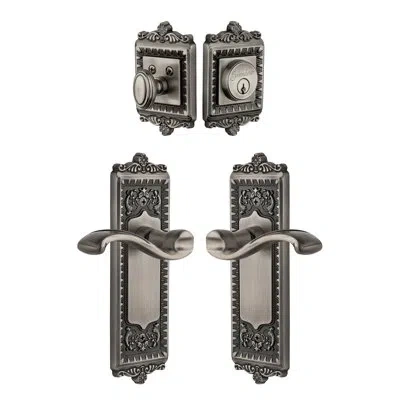 Grandeur Windsor Long Plate Complete Entry Set With Single Cylinder Deadbolot And Portofino Lever In Antique Pewter