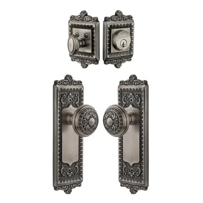 Grandeur Windsor Long Plate Complete Entry Set With Single Cylinder Deadbolot And Windsor Knob In Antique Pewter