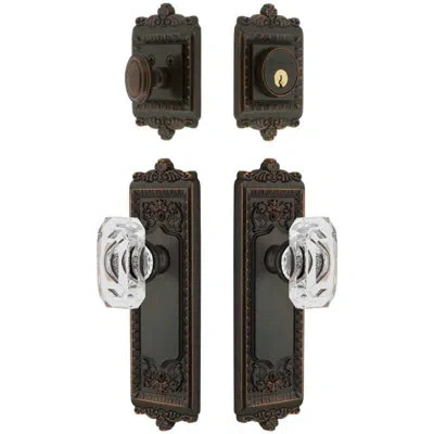 Grandeur Windsor Long Plate Entry Set With Baguette Clear Crystal Knob In Timeless Bronze In Black