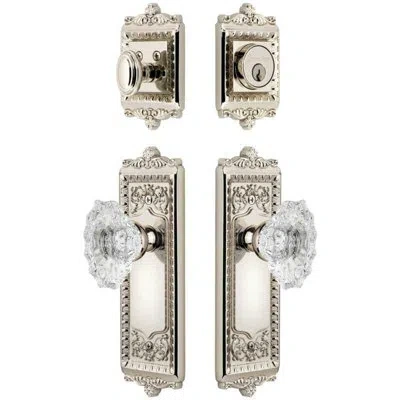 Grandeur Windsor Long Plate Entry Set With Biarritz Crystal Knob In Polished Nickel In Gold