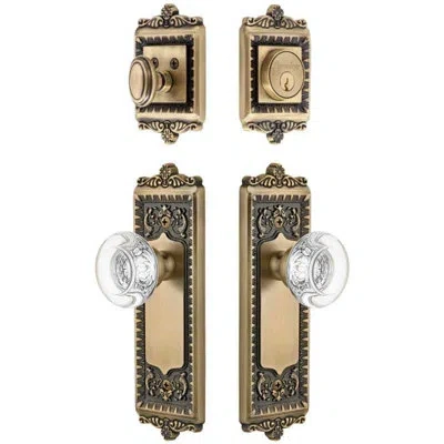 Grandeur Windsor Long Plate Entry Set With Bordeaux Crystal Knob In Timeless Bronze In Gold