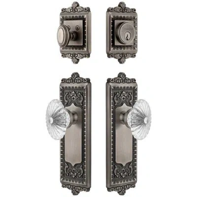 Grandeur Windsor Long Plate Entry Set With Burgundy Crystal Knob In Antique Pewter In Gray