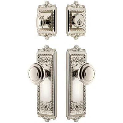 Grandeur Windsor Long Plate Entry Set With Circulaire Knob In Polished Nickel In Gray