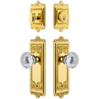 Grandeur Windsor Long Plate Entry Set With Fontainebleau Crystal Knob In Lifetime Brass In Gold