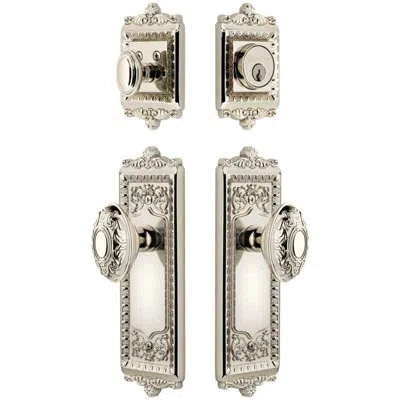Grandeur Windsor Long Plate Entry Set With Grande Victorian Knob In Polished Nickel In Brown